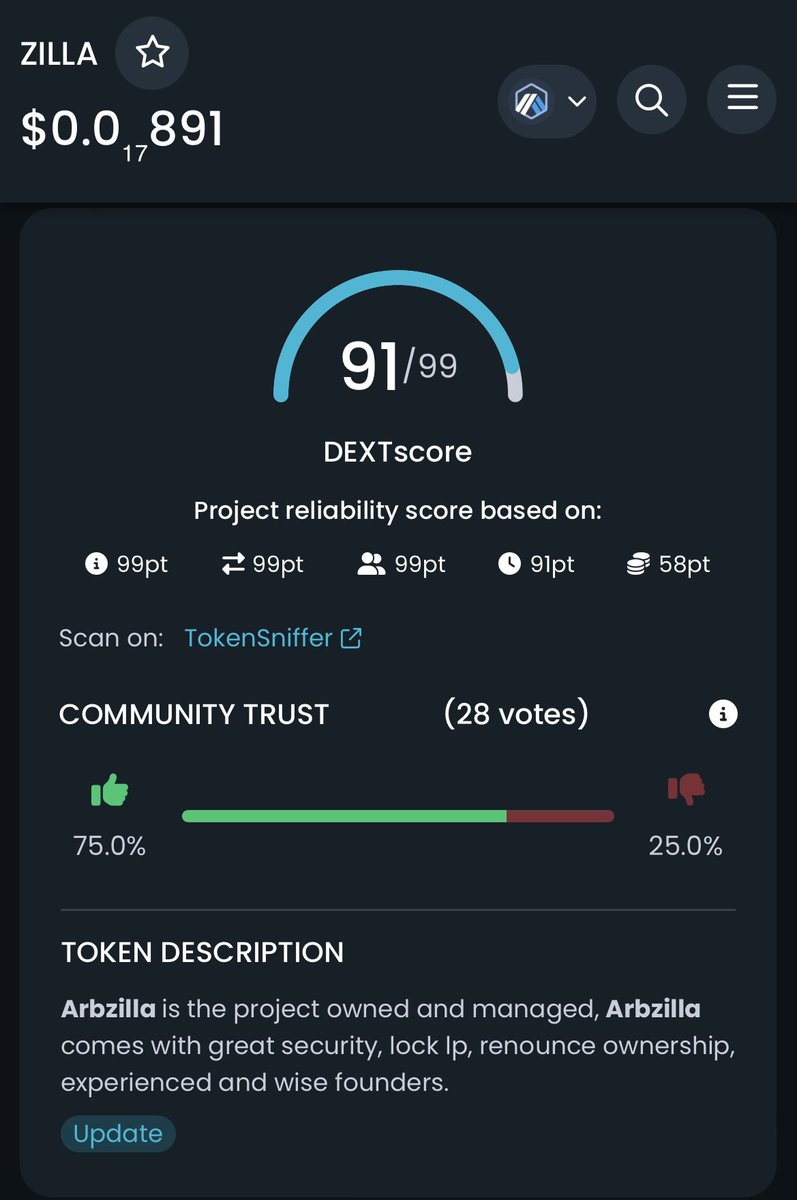 arb_zilla's tweet photo. 91/99 DextScore 🥳🎉🎊 
#Zilla #ArbZilla #Arbitrum #Vitalik https://t.co/mNIFkxXKnf