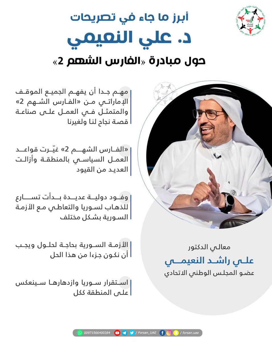 Forsan_UAE's tweet photo. مهم جدا أن يفهم الجميع الموقف الإماراتي من "الفارس الشهم 2" والمتمثل في العمل على صناعة قصة نجاح لنا ولغيرنا.. تعرف على أبرز ما جاء في تصريحات د.#علي_النعيمي حول مبادرة "#الفارس_الشهم2" 
#جسور_الخير https://t.co/UxFVr64eb7