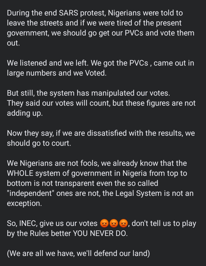 etuk_mma's tweet photo. The government never plays by the Rules
So don't ask us to play by the Rules.
#INECIsCorrupt
#electionresults2023 
#NigerianElections2023 
#TinubuCannotWin 
#ObiWon https://t.co/aIeCnDEXNW