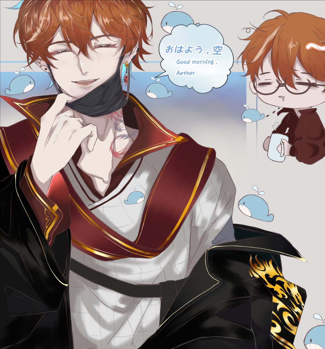 akio_kaede's tweet image. 🐳: &quot;おはよう , 空&quot;
🐳: &quot;Good morning, Aether &quot;
🧡💛
#childeaether 
#ChiTher
#Genshin_Impact