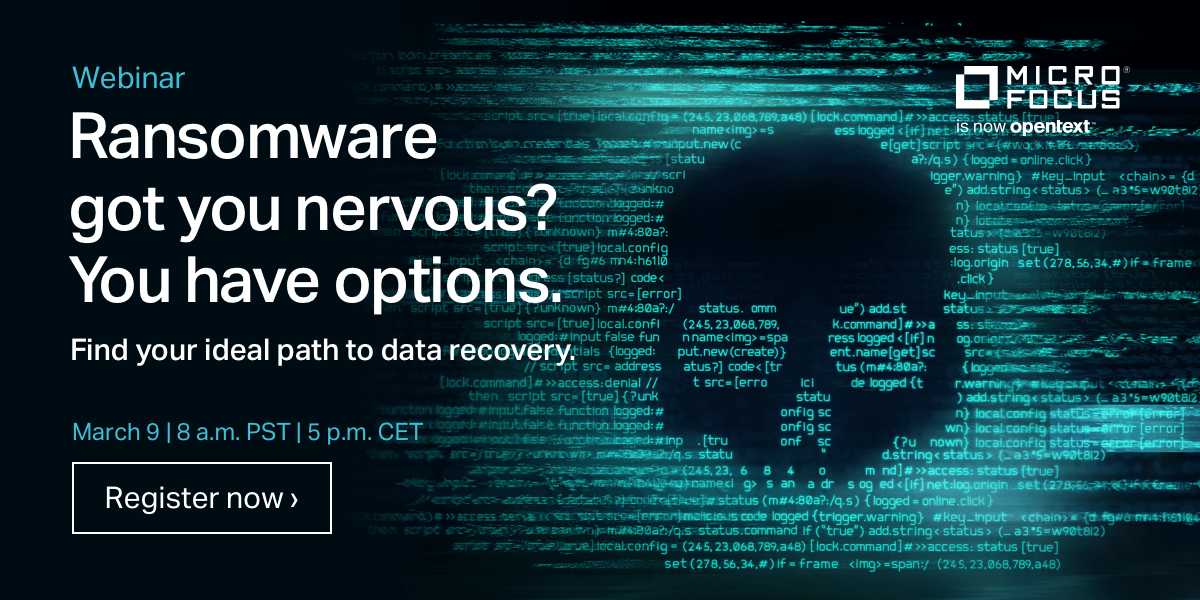 Ransomware threats aren’t slowing down. Find peace of mind amid ransomware attacks by choosing the right option for your organization. Don’t miss this helpful, informative @MicroFocusIMG session. #MyCompany bit.ly/41pY5sF