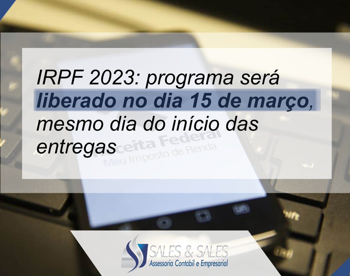 SaleseSalesCont's tweet image. IRPF 2023: programa será liberado no dia 15 de março, mesmo dia do início das entregas

Leia aqui: salesesales.com.br/site/2023/02/2…

#dirf #dirpf2023 #impostoderendapessoafisica

Fonte: Receita Federal
As matérias aqui apresentadas são retiradas da fonte acima citada, cabendo à ela