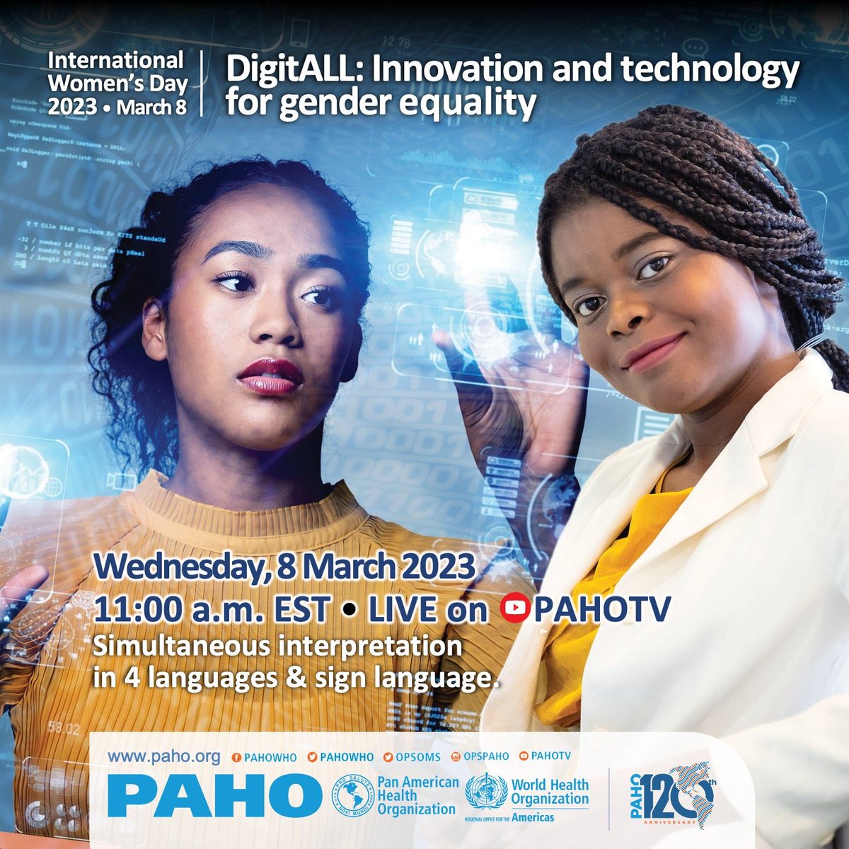 pahowho's tweet photo. Join us on International Women's Day 2023
for the webinar "DigitALL: Innovation and technology for gender equality".

🗓 8 March, 11:00 am (EST)

Register here: https://t.co/pVsF8h3iPw

+ Info: https://t.co/GyYUifB6ag

#IWD2023 https://t.co/YE3oIHjQup