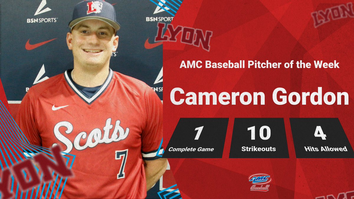 ⚾️| Cameron Gordon (<a href="/LyonAthletics/">Lyon Scots Athletics</a>) is the AMC Baseball Pitcher of the Week! 

Read more --> bit.ly/3Z3Gtkt

#AMCBASEBALL #AMCSPORTS #PLAYNAIA
