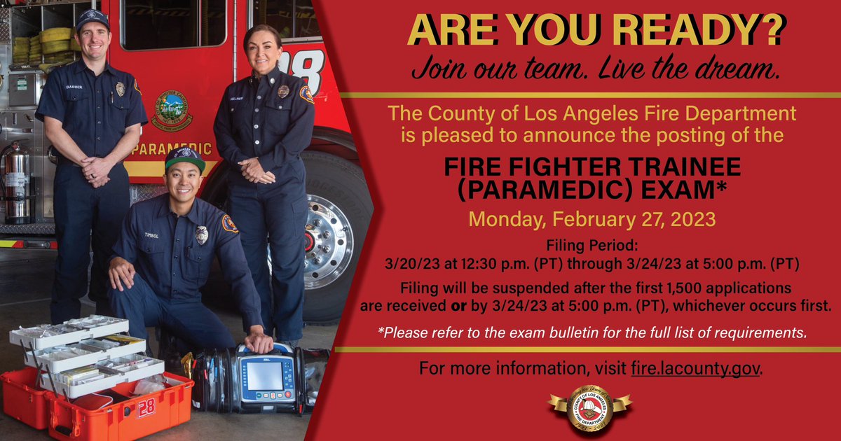 LACOFD's tweet image. Are You Ready to Join Our Team and Live the Dream?
 
The #LACoFD is pleased to announce the posting of the Fire Fighter Trainee (Paramedic) Exam.
 
To see the posted exam bulletin (w/the full list of requirements), Study Guide, and FAQs, please visit:

🔗 fire.lacounty.gov/firefighter-tr…