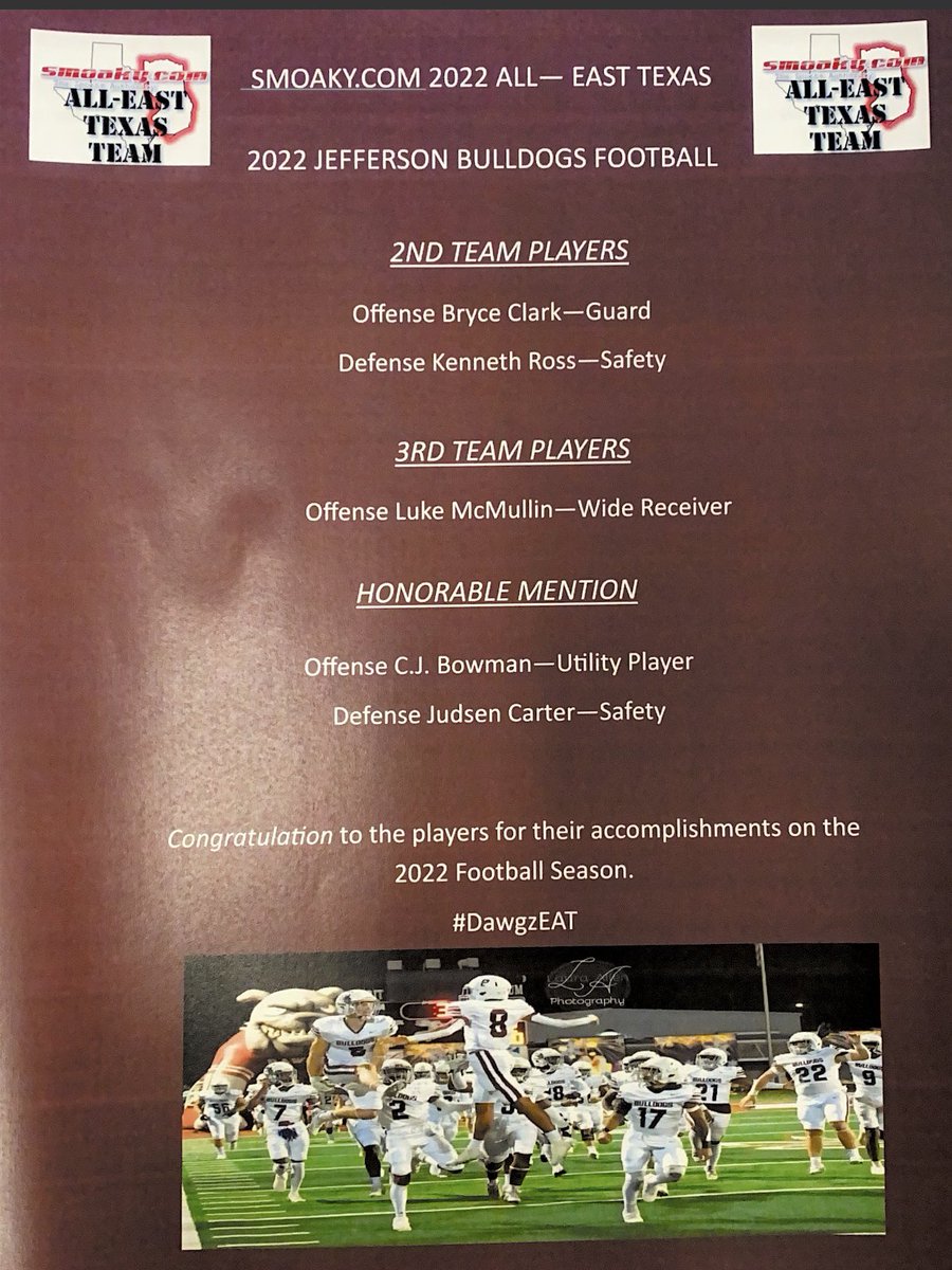 Congratulations to all of these Jefferson Bulldogs Football Players for making the All East Texas Team.