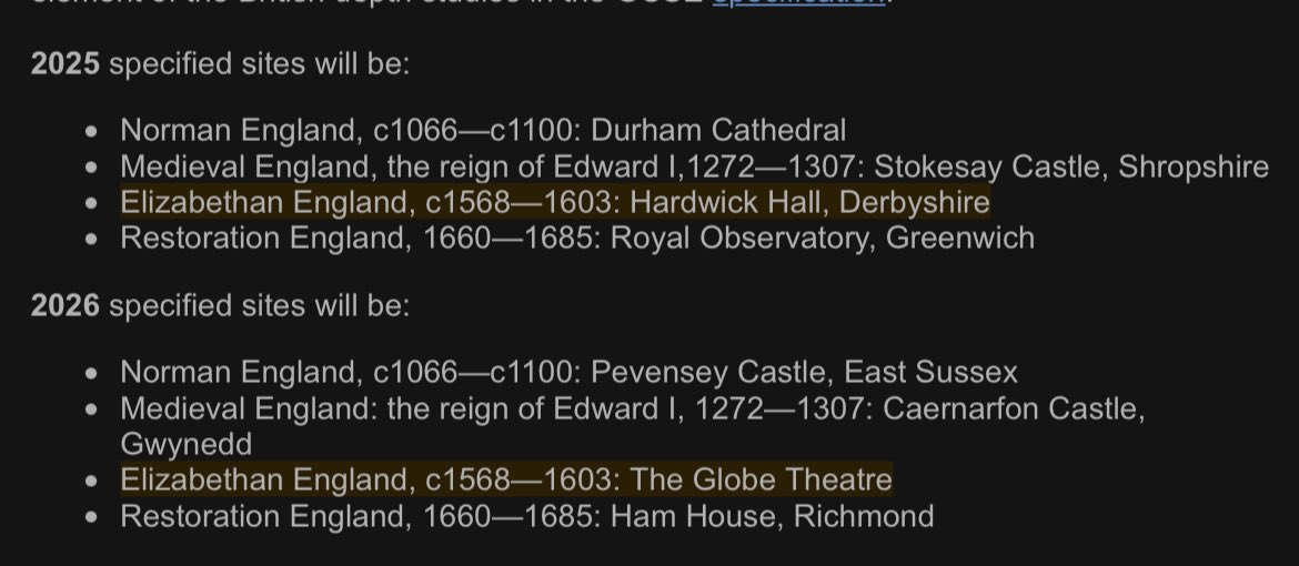 AQA, 2017-2023: We will never ever ever ever ever ever repeat the GCSE history sites.
AQA, 2023 onwards: Do you remember how great Hardwick Hall and the Globe were in 2018/19? *Well…* #GCSEHistory