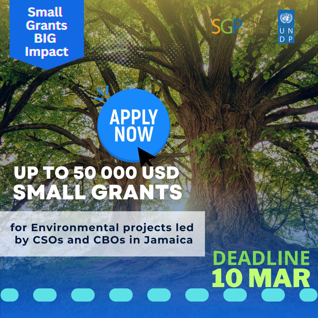 🌍ANNOUNCING Small grants up to 50 000 USD🌍  

‼️ CSO &amp; CBOs in 🇯🇲‼️ Financing is available to support your community-based environmental projects, from the UNDP-implemented <a href="/GEF_SGP/">Small Grants Programme</a>.

Apply Now🔗bit.ly/3m8T3QX