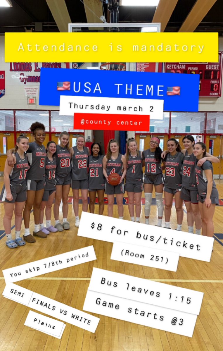 GIRLS SEMI FINALS THIS THURSDAY (3/2) @ Westchester County Center- EVERYBODY WEAR 🇺🇸USA🇺🇸- need it to be packed, $8 for ticket (room 251)