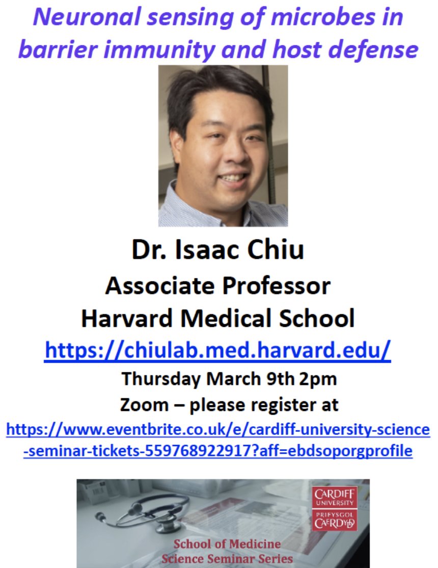 Systems Immunity Research Institute (@cusystemsimmu) on Twitter photo Science Seminar with Dr Isaac Chiu <a href="/IsaacChiuLab/">Chiu Lab</a> on March 9th 2pm London/9am EST: Neuronal sensing of microbes in barrier immunity and host defense. Please register at eventbrite.co.uk/e/cardiff-univā¦
<a href="/harvardmed/">Harvard Medical School</a> <a href="/CUBLSResearch/">CU BLS Research</a> <a href="/AJ_Hollins/">Andrew J. Hollins</a> Science Seminar with Dr Isaac Chiu <a href="/IsaacChiuLab/">Chiu Lab</a> on March 9th 2pm London/9am EST: Neuronal sensing of microbes in barrier immunity and host defense. Please register at eventbrite.co.uk/e/cardiff-univā¦
<a href="/harvardmed/">Harvard Medical School</a> <a href="/CUBLSResearch/">CU BLS Research</a> <a href="/AJ_Hollins/">Andrew J. Hollins</a>