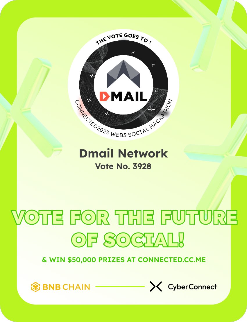 ilyseyd's tweet photo. Just voted for my favorite project Dmail Network in #Connected2023, a Web3 Social hackathon by @CyberConnectHQ the social graph protocol &amp; @BNBCHAIN
Join me to vote for a better social and win $50,000-$100,000 prizes!
https://t.co/yMV6o09tB3
sig:k3v1mA 
  https://t.co/rpyhXPltuJ https://t.co/HQIZH7Pcnr
