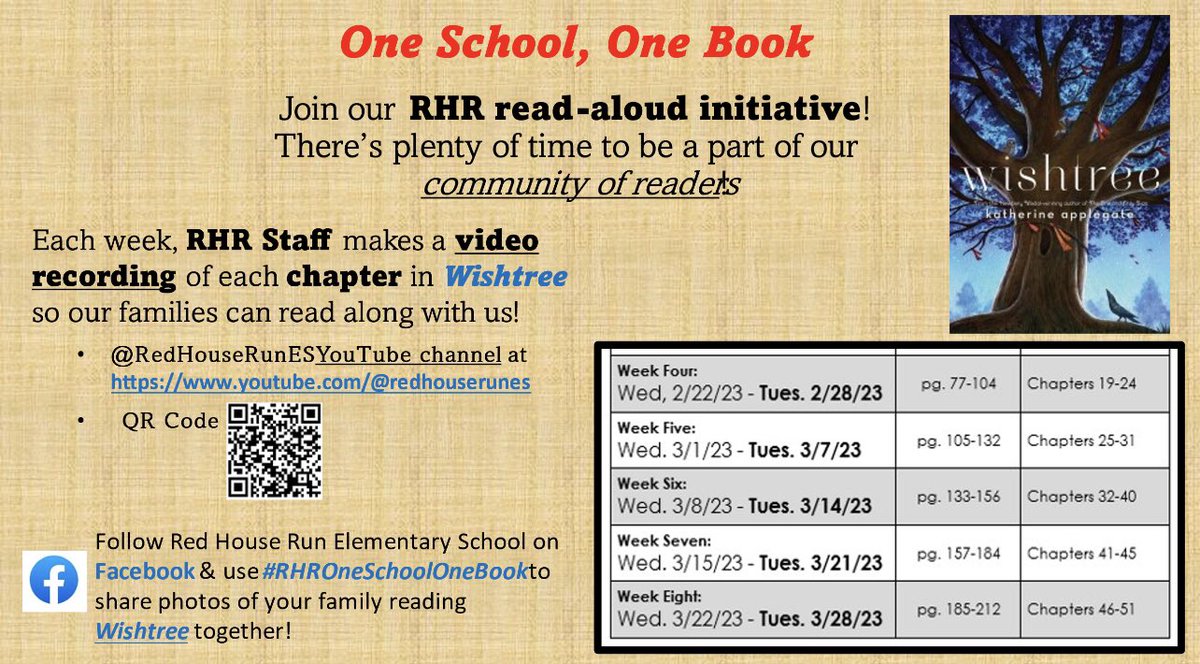 We hope you are enjoying reading “Wishtree” Our RHR Staff makes a video recording of each chapter in Wishtree so our families can read along with us! Find the recordings at our @RedHouseRunES YouTube channel at youtube.com/@redhouserunes