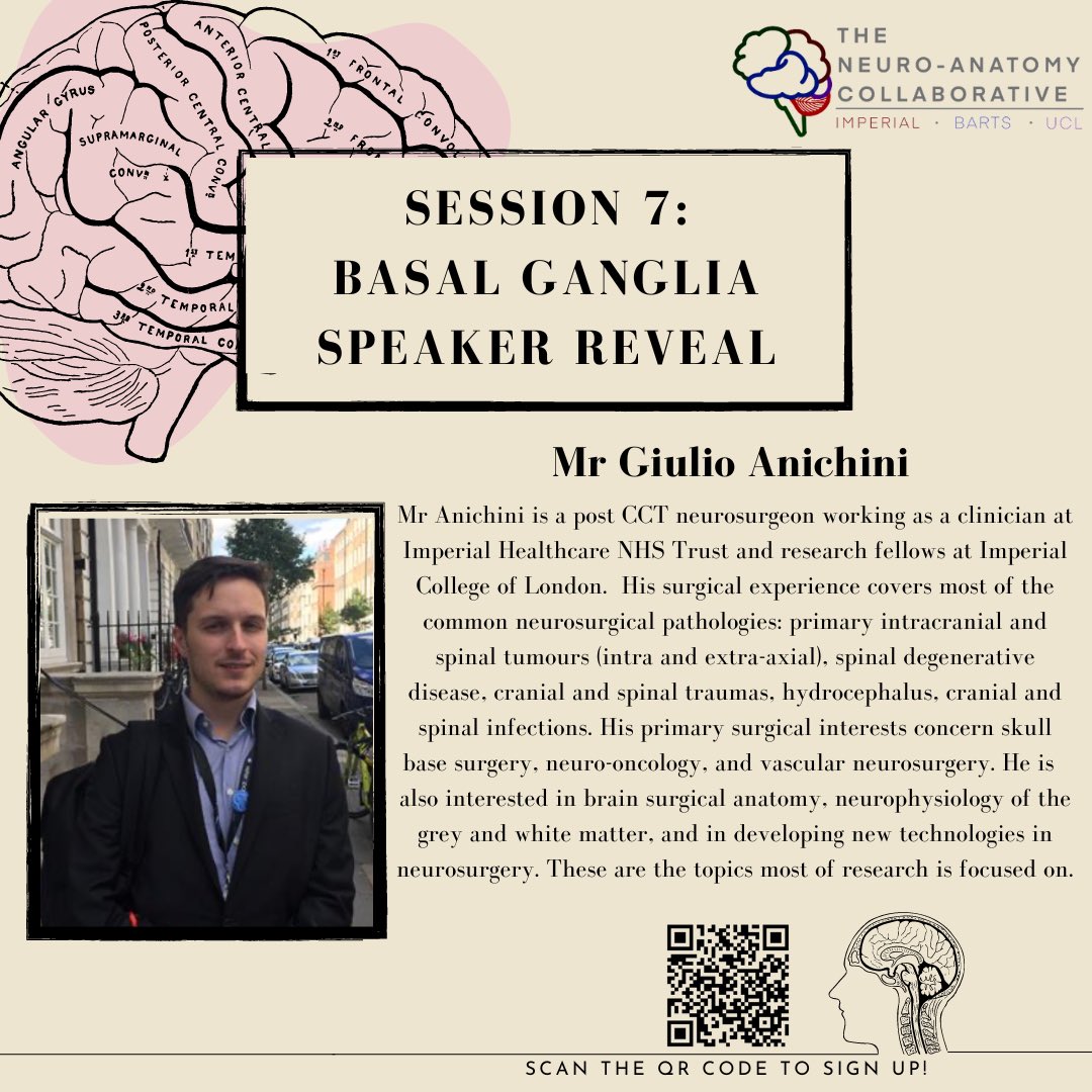The speaker for session 7 on basal ganglia is Mr Anichini! 😍 

🗓️: Tues 28th Feb
⏰: 6:30  (GMT) 
📍: Zoom

Scan the QR code or click the link in our bio to sign up! 

#neurosurgery #neurology #neuroanatomy #teaching #medicine #medical #education #brain #basalganglia #parkinson
