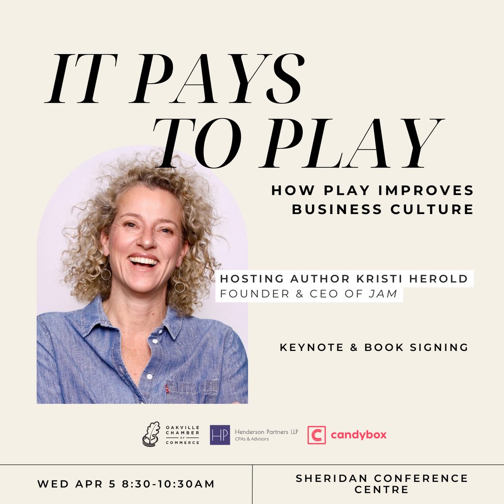 Oakville Chamber (@oakvillechamber) on Twitter photo Join us on Apr 5 with award-winning author <a href="/KristiHerold/">Kristi Herold</a> Founder & CEO of JAM to learn how to make play a part of your company's culture, giving your team more reasons to love where they work!
📚 Attend the event & get a copy of Kristi's book!
🔗 TICKETS l8r.it/hP3u Join us on Apr 5 with award-winning author <a href="/KristiHerold/">Kristi Herold</a> Founder & CEO of JAM to learn how to make play a part of your company's culture, giving your team more reasons to love where they work!
📚 Attend the event & get a copy of Kristi's book!
🔗 TICKETS l8r.it/hP3u