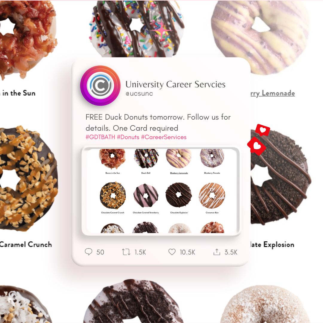 FREE DUCK DONUTS tomorrow! One Card required. 10:30am Hanes Hall (not Hanes Art) room 239. While supplies last #duckdonuts #CareerGoals #GDTBATH #UNC