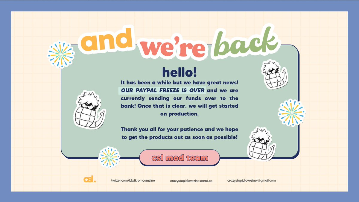 bkdkromcomzine's tweet photo. ๐งก๐ OUR PAYPAL FREEZE IS OVER!
We're finally back and we're excited to continue with the zine! Let's get these 3 zines out! ๐พโจ
#csl #crazystupidlovezine https://t.co/dYYL9qYNdh
