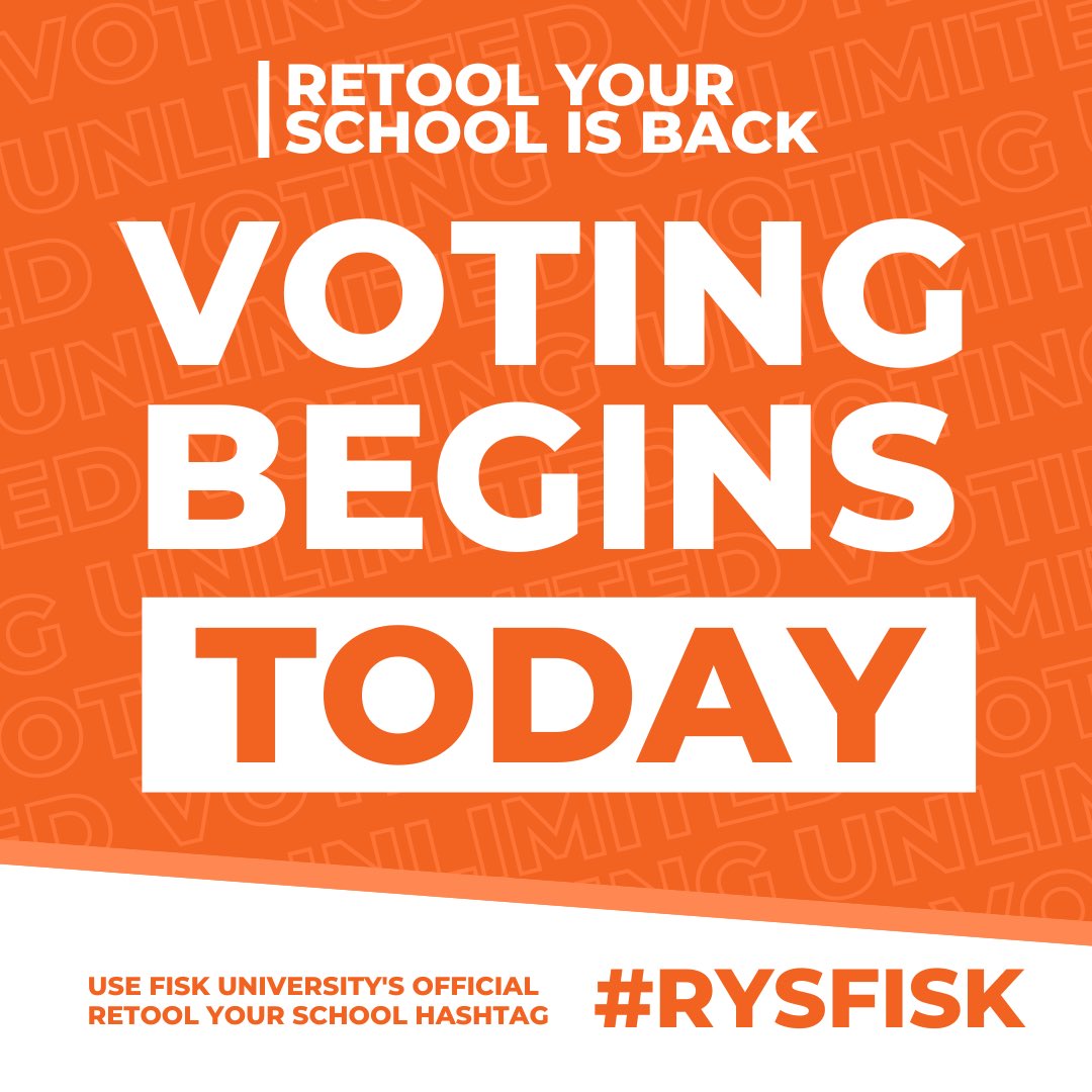 ONLINE VOTING IS HAPPENING NOW!
Fiskites, help Fisk University win up to $150K in Campus Improvement grants! Your vote could make a difference. 

Social Media voting is strongly encouraged. Use Fisk University's official Retool Your School Hashtag #RYSFISK. Voting is UNLIMITED!