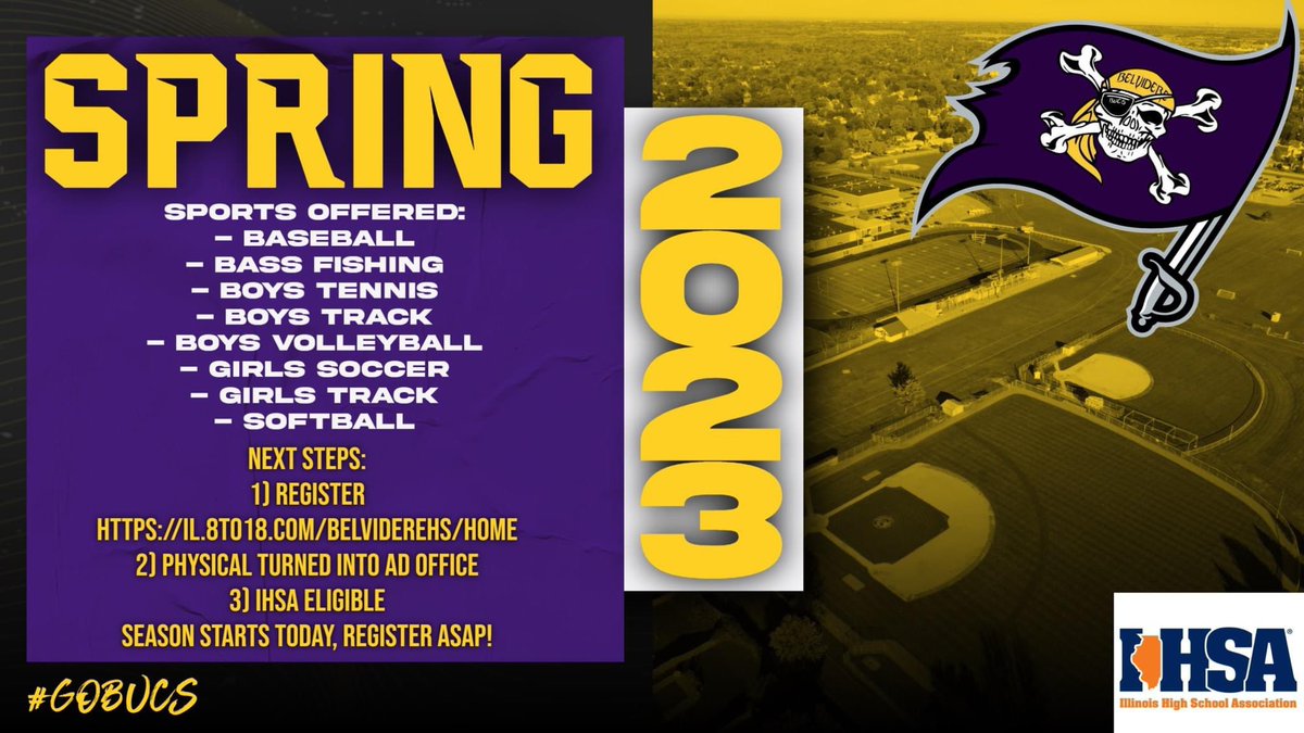 As we close on a great IHSA Winter season for the Bucs, it's time to start Spring IHSA Sports!  Practice for all sports, except Boys 🏐, begins today.  It is not too late to register.  Please do so ASAP! 
Go Bucs🟣🟡🏴‍☠️!
il.8to18.com/belviderehs/ho…
#BUCPride