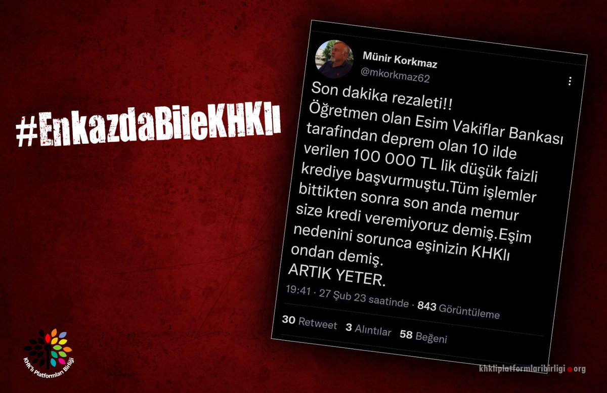 KHK'lılar tüm dünya tarafından acının paylaşıldığı şu günlerde bile yıllarca emek verdiği ülke tarafından , hiçbir suçu kabahati olmadığı halde insanlık suçu mahiyetinde ayrımcılıklara uğruyor.
<a href="/kilicdarogluk/">Kemal Kılıçdaroğlu</a> <a href="/meral_aksener/">Meral Akşener</a> <a href="/Ahmet_Davutoglu/">Ahmet Davutoğlu</a>
<a href="/alibabacan/">Ali Babacan</a>
#EnkazdaBileKHKlı