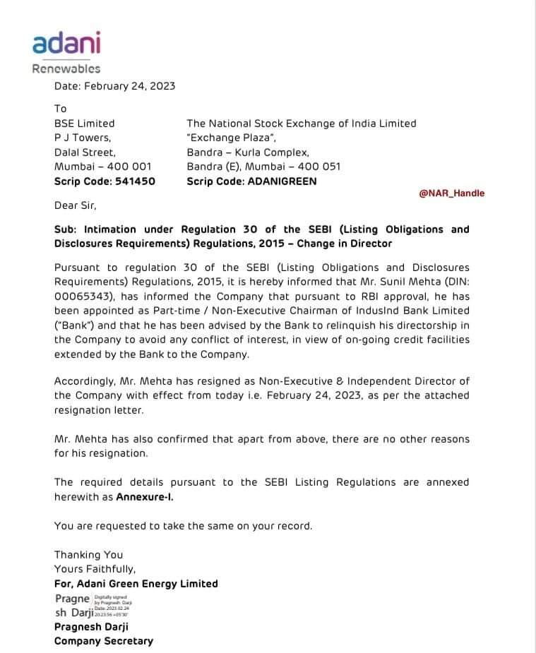 #Sunil_Mehta resigned from the post of AdaniGreenEnergy Director.

He took charge as the #Chairman of Indus Ind Bank.
Indus Ind Bank is one of the major banks that have given huge amount of loans to #Adani companies.

Who gave the #permission as the chairman of the #bank and why?