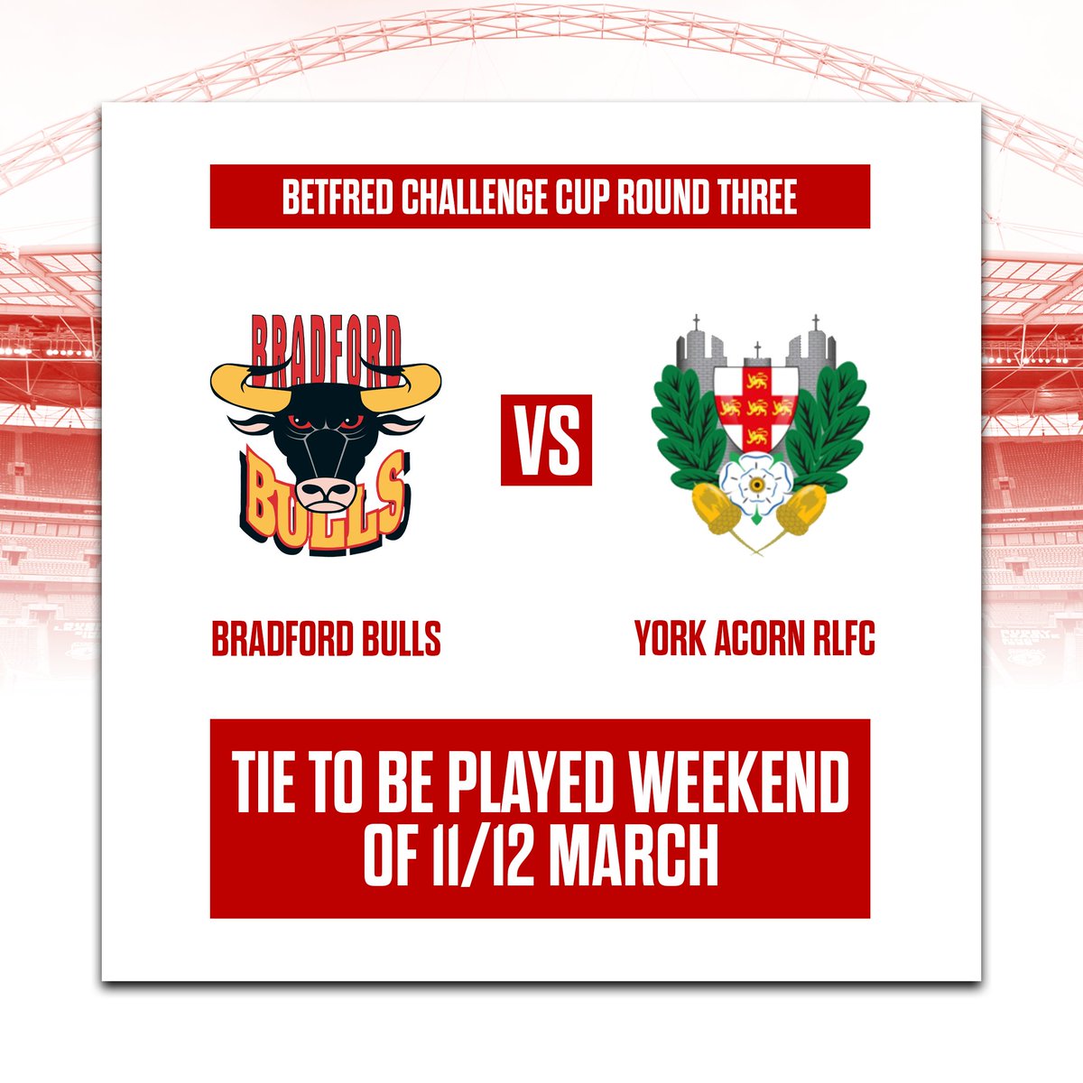 🆚 | We welcome @yorkacorn to Odsal Stadium in Round Three of the @Betfred @TheChallengeCup! 📅 | Tie to be played 11/12 March - ticket details to be revealed in due course.