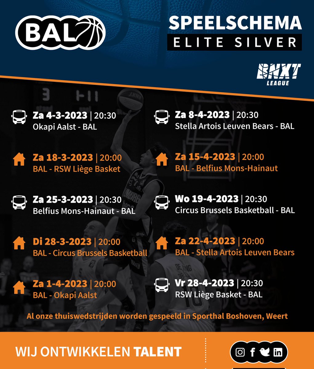 Agenda's in de aanslag! 

Zaterdag a.s. begint voor onze mannen de Elite Silver van de BNXT League.

De eerste thuiswedstrijd is zaterdag 18 maart a.s. tegen Luik.
Je tickets kun je hier alvast bestellen:
balimburg.stager.nl/web/tickets

#bnxtleague #BNXT #wijontwikkelentalent