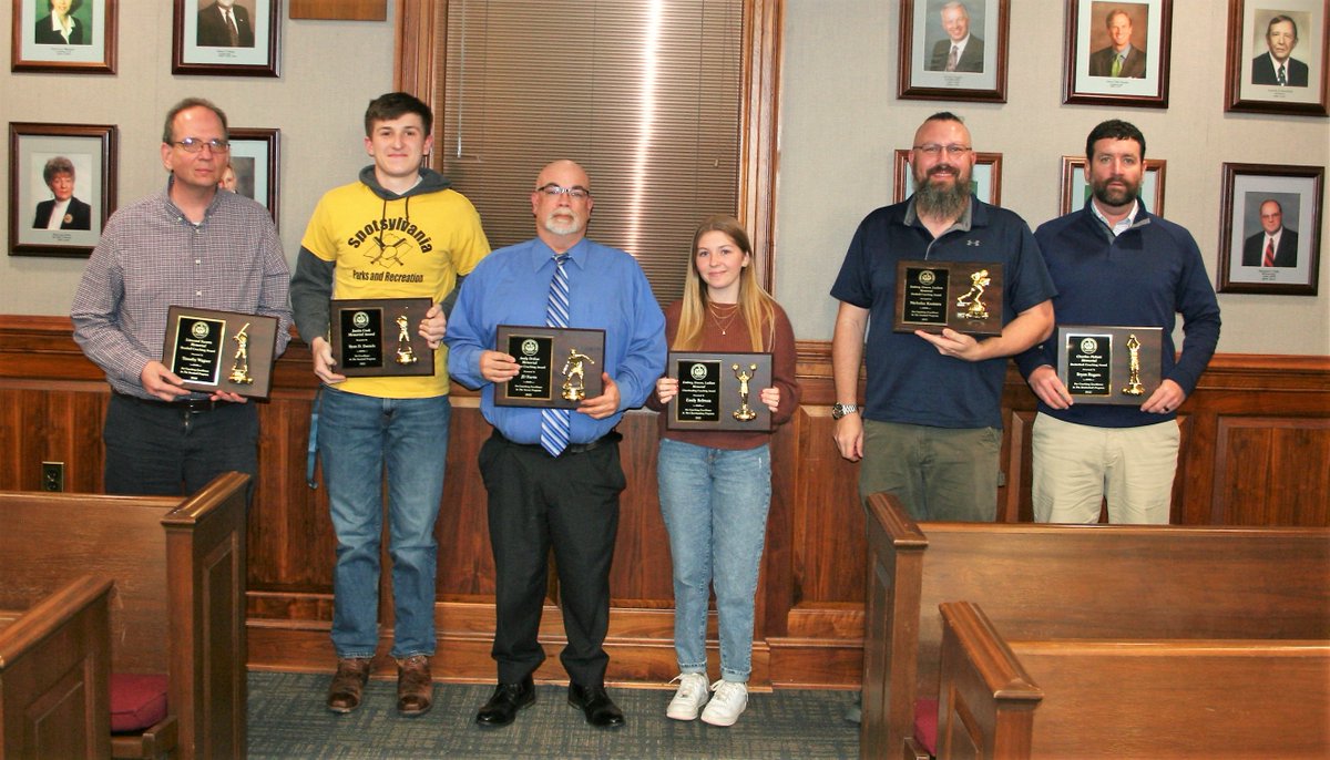 Congrats to the 2022 Spotsylvania Parks Recreation Memorial Awards recipients. Standing left to right: 
Coach Timothy Wagner- Ryan Daniels- Coach JD Harris- Coach Emily Belman- Coach Nicholas Kooistra- Coach Bryan Rogers, Not Pictured  Harleigh Sullivan-