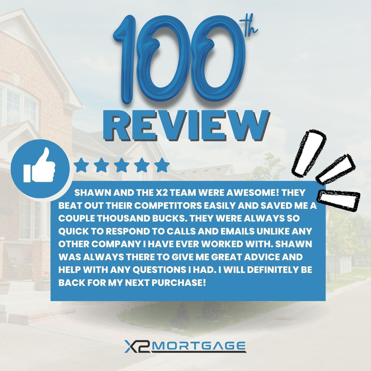 X2Mortgage's tweet photo. We officially reached our 100th review!🎉

That's a big milestone and we couldn't be more thankful for everyone who has trusted X2 during their home buying process! https://t.co/n5q6QGrXHA