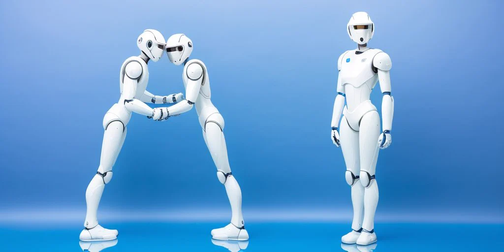 Three robots posing to spell the letters "A" and "I".