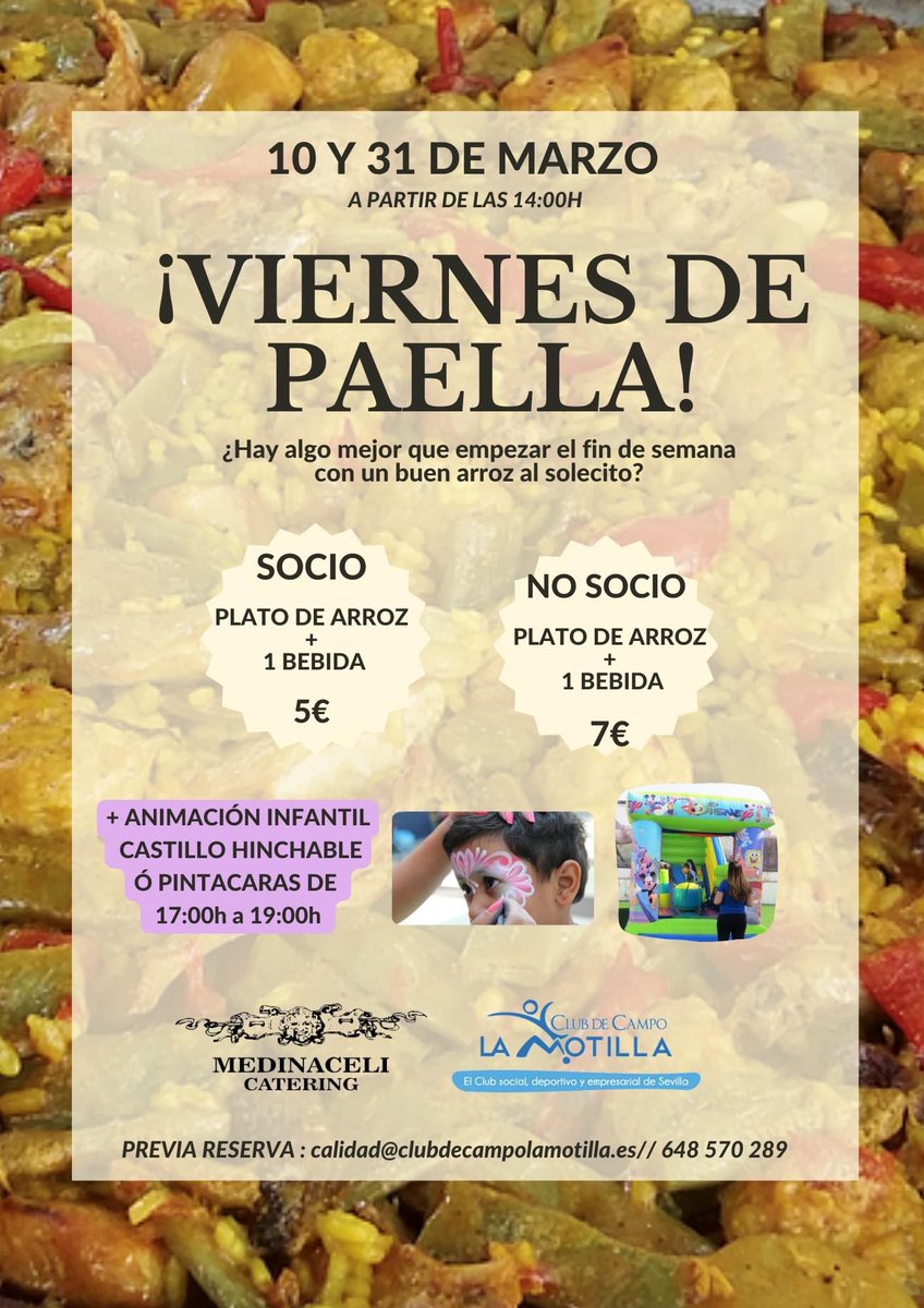 📌Con el buen tiempo llega al Club de Campo La Motilla los viernes de paella.
🗓Los próximos viernes 10 y 31 de marzo a partir de las 14:00 h.
Además, contaremos con actividades para niños en horario de 17:00 a 19:00h
❗️No te lo puedes perder❗️

Previa reserva:648 570 289