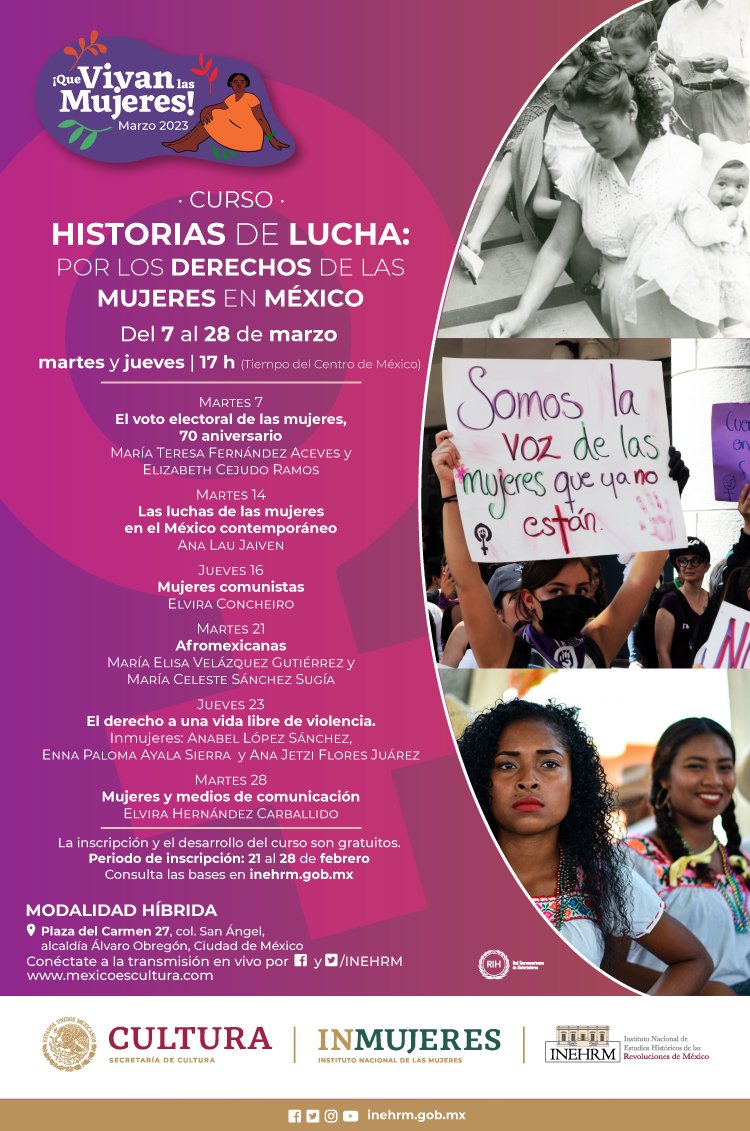 En el marco del #8M, el <a href="/INEHRM/">INEHRM</a> e @inmujeres organizan el curso “Historias de lucha: por los derechos de las mujeres en México”.
Estará muy interesante y se entregará constancia con valor curricular. Conozcamos nuestras propias historias. 

Inscripción: bit.ly/3Ya0sN8