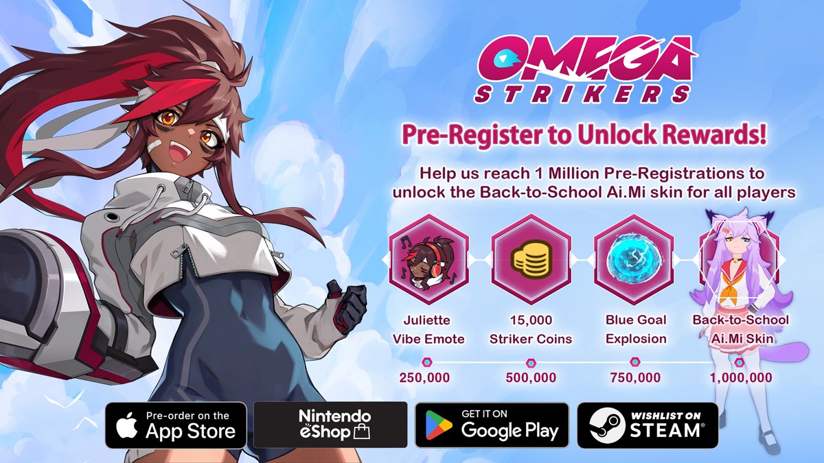 We've already passed 200,000 total pre-registrations, but if we hit 1 million, EVERYONE will get that Back-to-School Ai.Mi skin.

EVERYONE. (that includes you, reader)

Pre-register here: odysseyinteractive.gg/omegastrikers