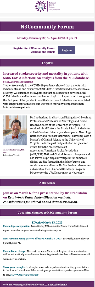 data2health's tweet photo. Join the #N3CommunityForum to learn about "Increased #stroke severity and mortality in #patients with #sarscov2 infection: An analysis from the #N3C #database" with @asouthstrokedoc , today, Feb 27 at 2pm PT
Register for the #webinar at https://t.co/PSmH9pmMdz https://t.co/gihuiKkIw7