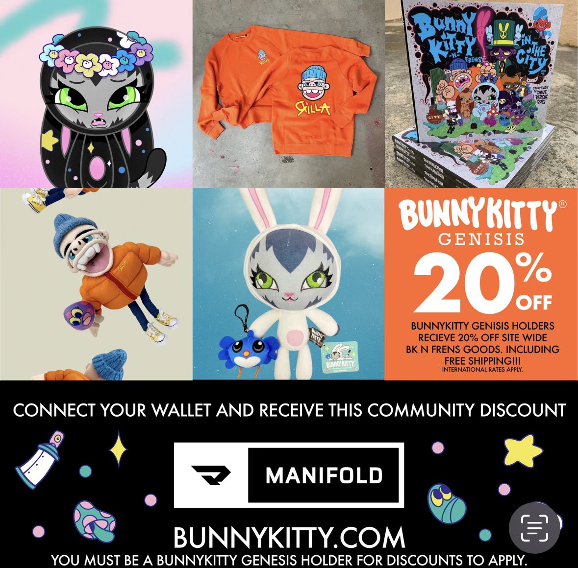 I was finally able to get the BunnyKitty.com shop token-gated through <a href="/manifoldxyz/">manifold.xyz</a>! BK Genesis holders receive 20% off +Free Shipping! INTL rates apply. Pick up one of the new books, trust me u want it in your collection if you are a BunnyKitty maxi! #bunnykittylovesyou