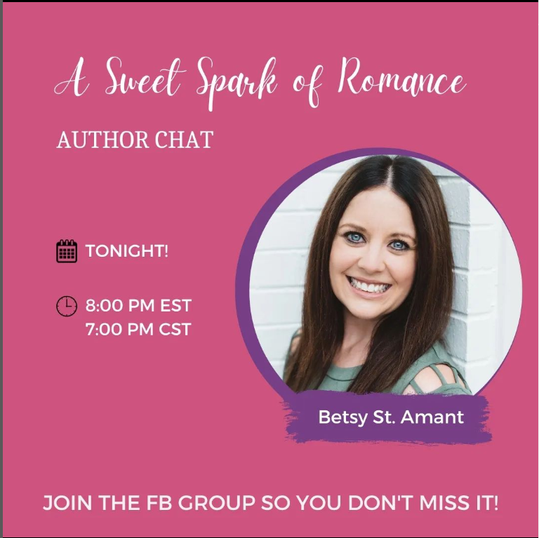 betsystamant's tweet photo. "Join us tonight in A Sweet Spark of Romance for our chat with Betsy St. Amant about her book Tacos for Two! A replay will be available in the group for those who can't watch it live!" #facebook #authorlife #authopromo #booklover #TacosforTwo @RevellBooks @SparkFlashFic https://t.co/XxwjgK4HKi