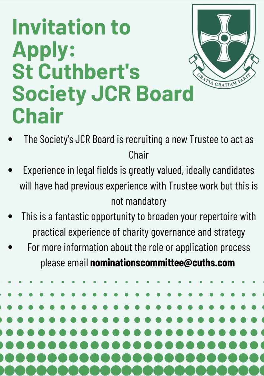 cuths's tweet photo. Cuth’s JCR Board is looking to recruit a new Trustee to act as Chair - think you have what it takes?

Get in touch with nominationscommittee@cuths.com for further information on how to apply! https://t.co/T3x5q7lPmA