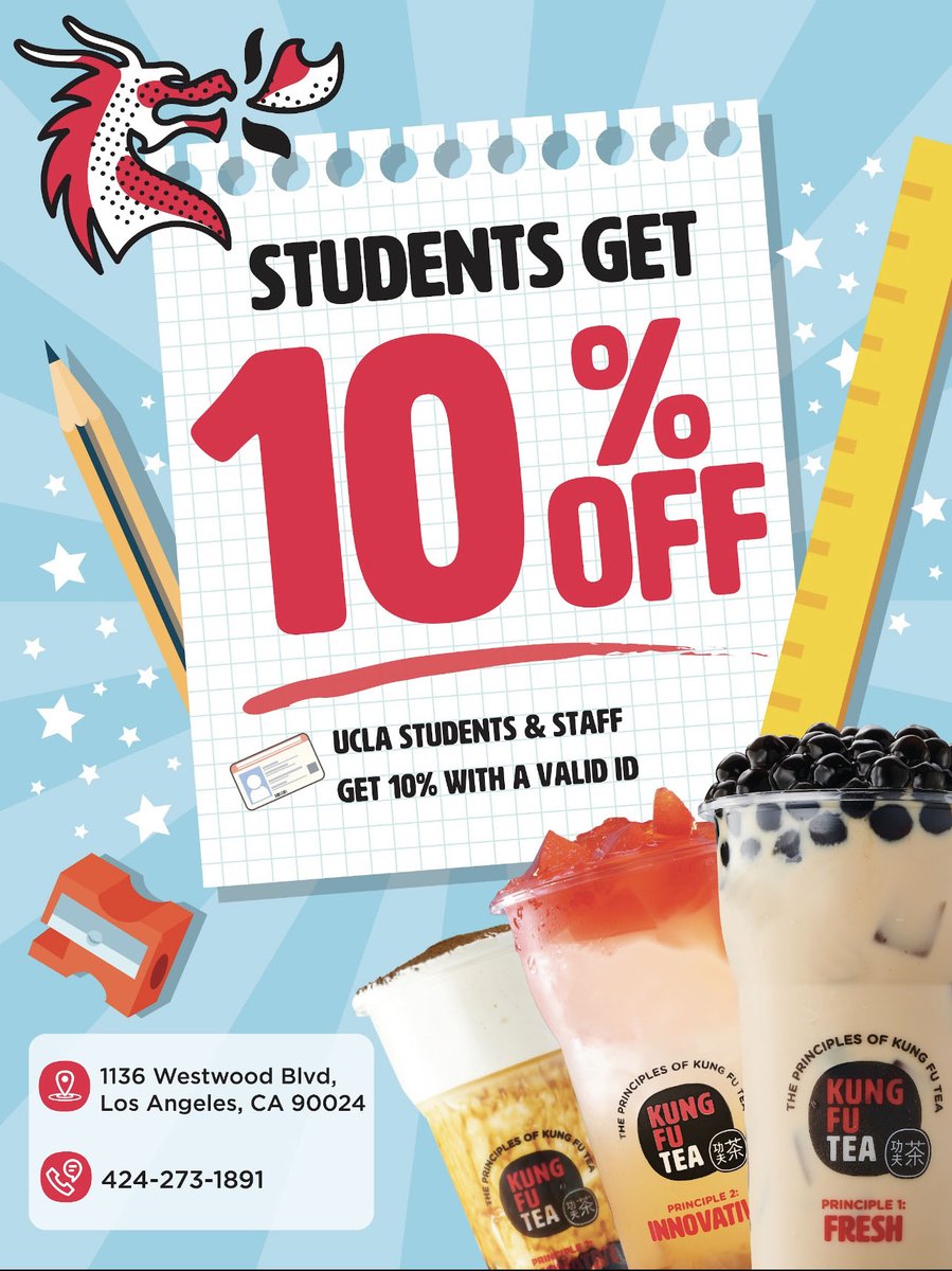 Visit our newest merchant Kung Fu Tea for 10% off 
Located in Westwood