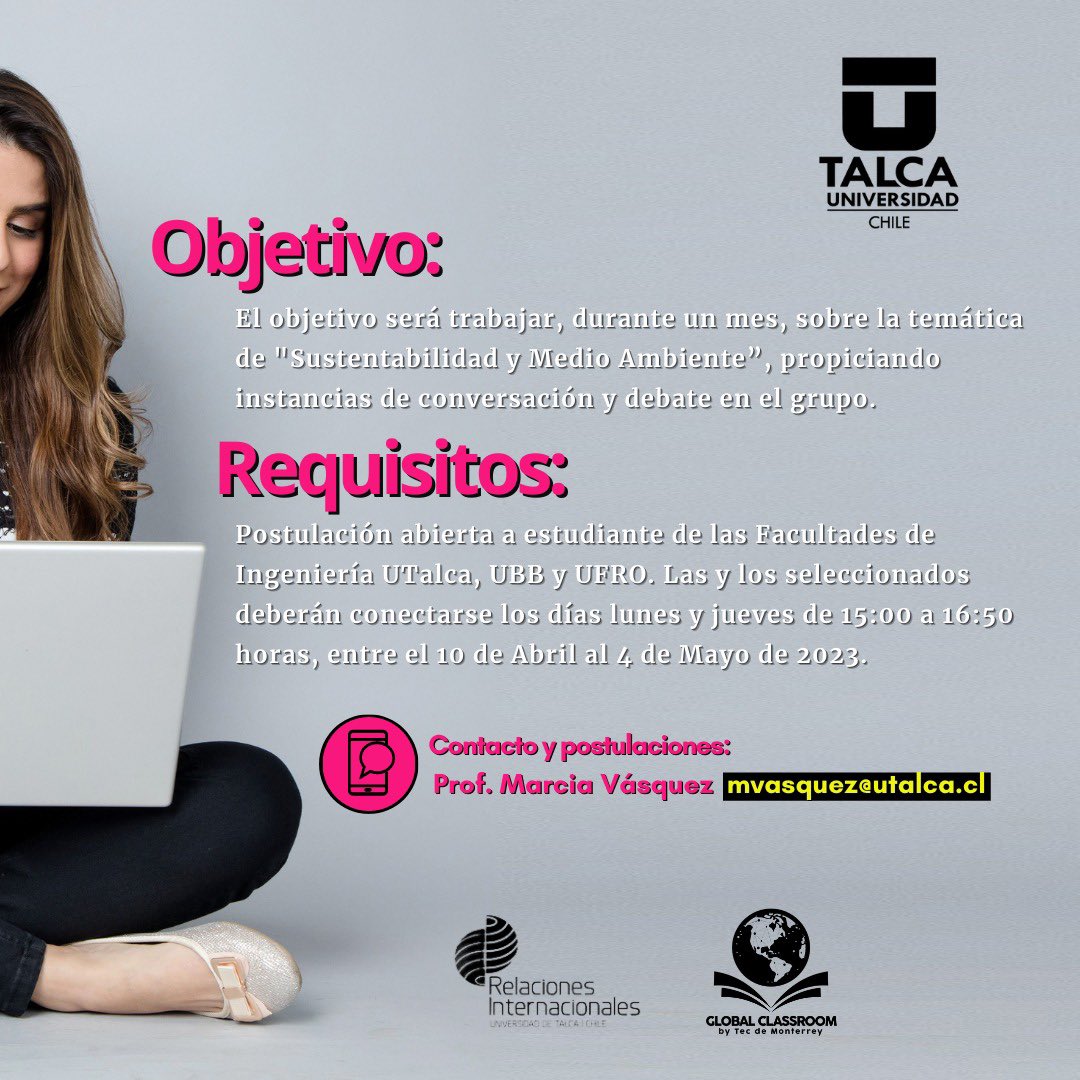 Atrévete y participa 👇

🔸 Si estudias #Ingeniería en la #UTalca - #UBB o #UFRO, te invitamos a participar de este programa de vinculación.

🔸 Durante 1 mes estarás compartiendo con jóvenes estudiantes del Tecnológico de Monterrey.

🔸 Inscripciones con mvasquez@utalca.cl