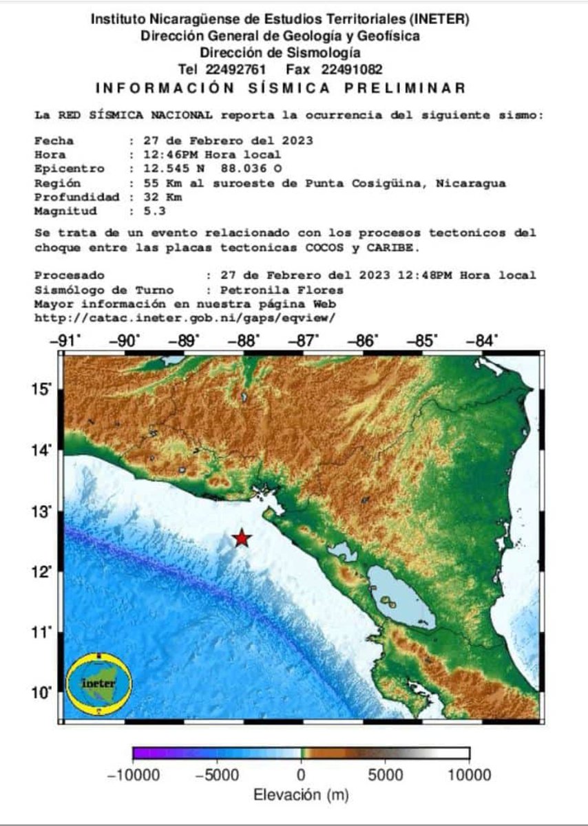 NoheliaCspedes's tweet image. 🚨 #ULTIMOMINUTO 🚨
Reporte preliminar de sismo registrado por #NETER y percibido por pobladores del Pacífico Nicaragüense 
Magnitud: 5.3 a 55 kilómetros al suroeste de Punta Cosigüina