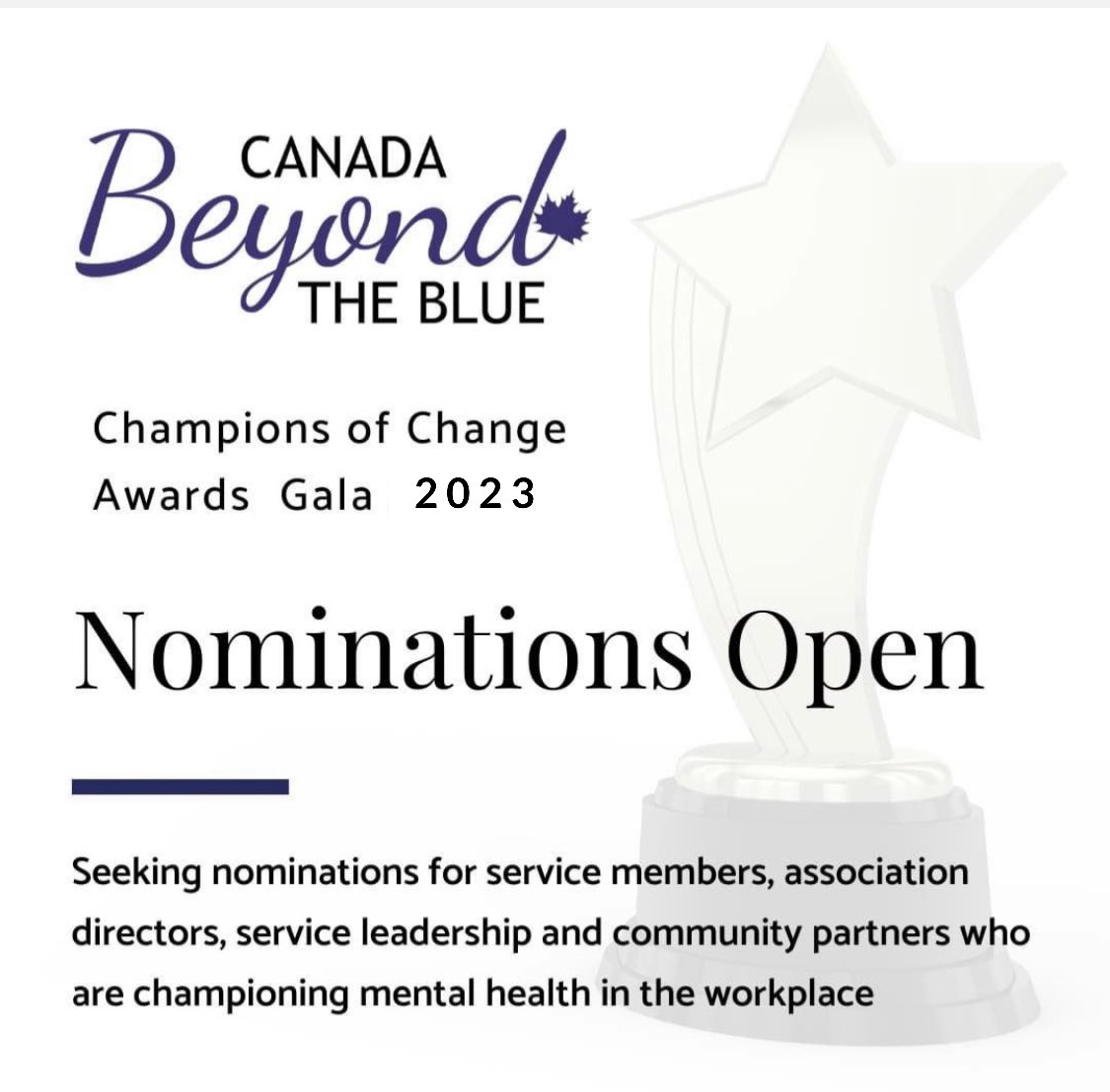Nominate your mental health Champion of Change for the Canada Beyond The Blue awards gala! Visit our website to nominate a police member who is improving their workplace with informed mental health programming and supports. #MentalHealthMatters forms.gle/dfF43TGdicRW1j…