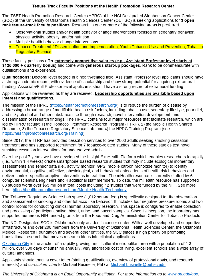 Stop_Smokin_now's tweet photo. Now hiring! 3 tenure track faculty (salaries start > $125,000). Details attached. Please RT! @srntorg @TreatmentSRNT #srnt2023 https://t.co/jtvnqJx5eq