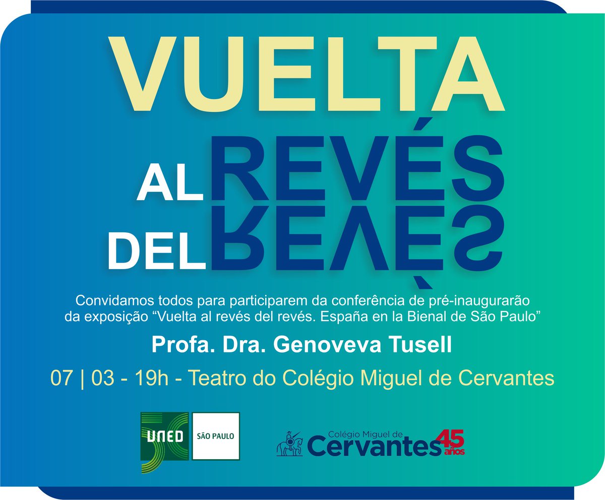 Conferência  “Vuelta al revés del revés."*  proferida pela Profa. Dra. Genoveva Tusell e seguida de debate com Sr. Carlos Cuadros, diretor do Centro Niemeyer de Avilés (Espanha).
7/03 às 19h, no teatro do Colégio 
*Inauguração da exposição será 11/03  no MAC em São Paulo.