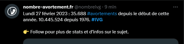 nombrelvg's tweet photo. Lundi 27 février 2023 : 35.688 personnes n'ont pas eu à subir une grossesse contre leur volonté.

Toujours aucunes nouvelles des #avortements de 2022 que les anti #ivg ont annulé. ça doit être ça leurs faits.
https://t.co/0NYu5BnoGU
OUI à l'ivg libre, gratuite et pour tou-te-s. https://t.co/Jk31kHNKBj