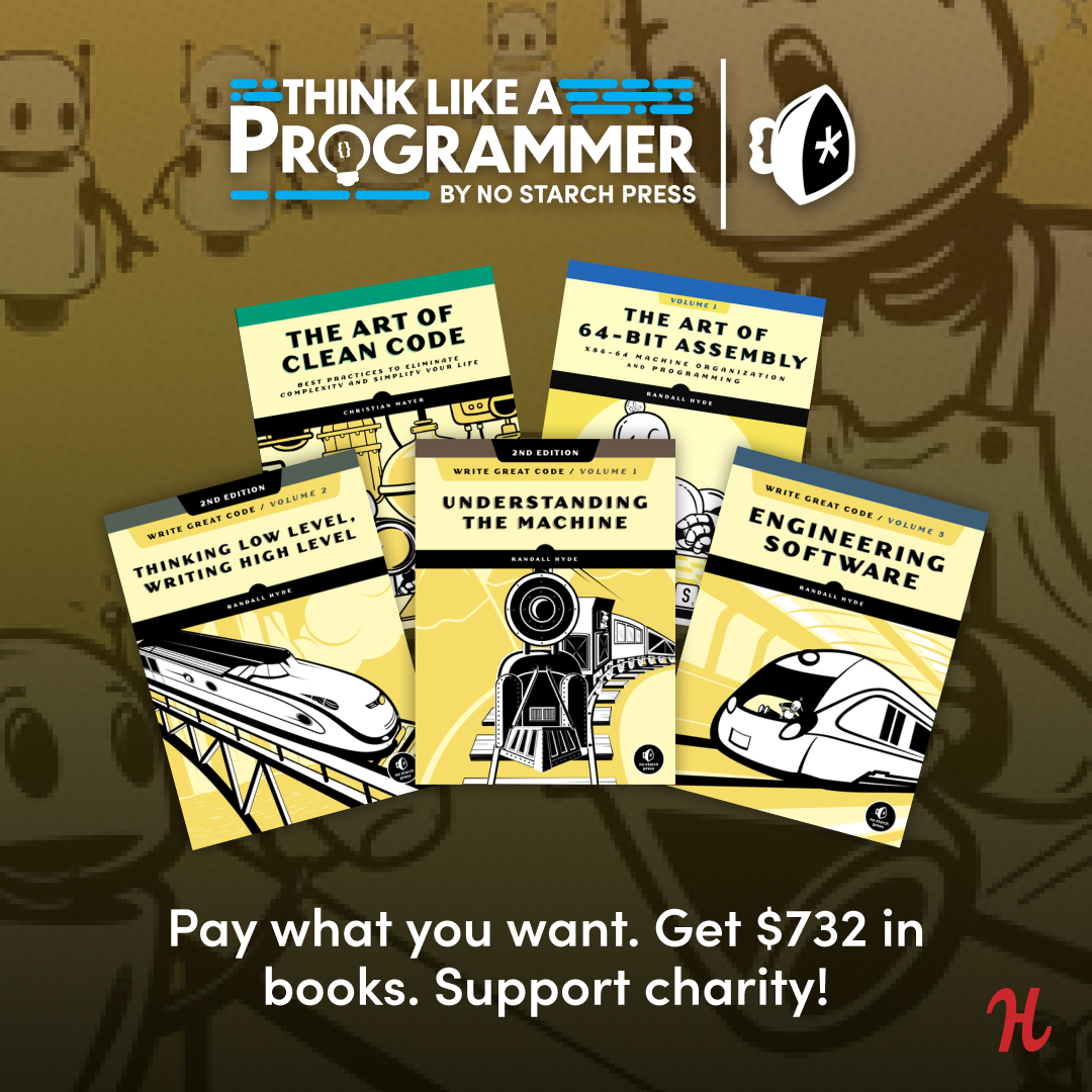 It's time! Our "Think Like a Programmer" @Humble Bundle starts... right now. Pay what you want for up to 18 DRM-free ebooks covering a variety of languages, skill levels, and code-related interests. Plus, your purchase helps <a href="/EFF/">EFF</a>'s fight against censorship humblebundle.com/books/think-li…