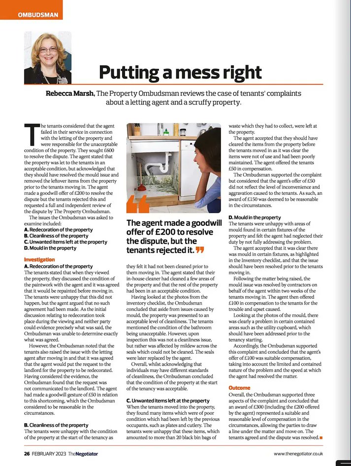 TheNeg's tweet photo. The Ombudsman Files – redress case study. Rebecca Marsh, The Property Ombudsman, adjudicates on a dispute over a badly-prepared let. @TPOmb #propertymanagement #lettings #landlords #tenantsrights #PRS #mould #tenancydispute https://t.co/axFvSKvip5