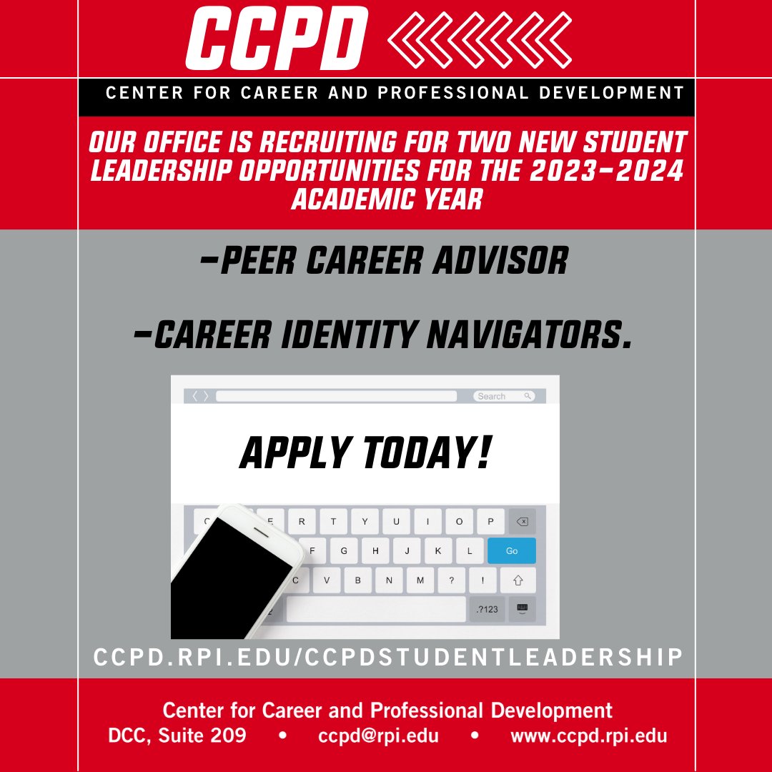 CCPDatRPI's tweet photo. Are you a student interested in leadership roles for RPI's 2023-2024 Academic School Year?
Apply for these new opportunities housed through the CCPD Office!
Learn more about the Peer Career Advisors and the Career Identity Navigators by clicking the link in our Bio!
#RPI #CCPD https://t.co/QRaXloGmRS