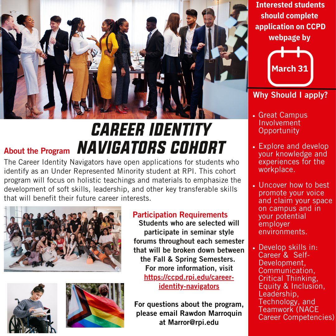 CCPDatRPI's tweet photo. Are you a student interested in leadership roles for RPI's 2023-2024 Academic School Year?
Apply for these new opportunities housed through the CCPD Office!
Learn more about the Peer Career Advisors and the Career Identity Navigators by clicking the link in our Bio!
#RPI #CCPD https://t.co/QRaXloGmRS