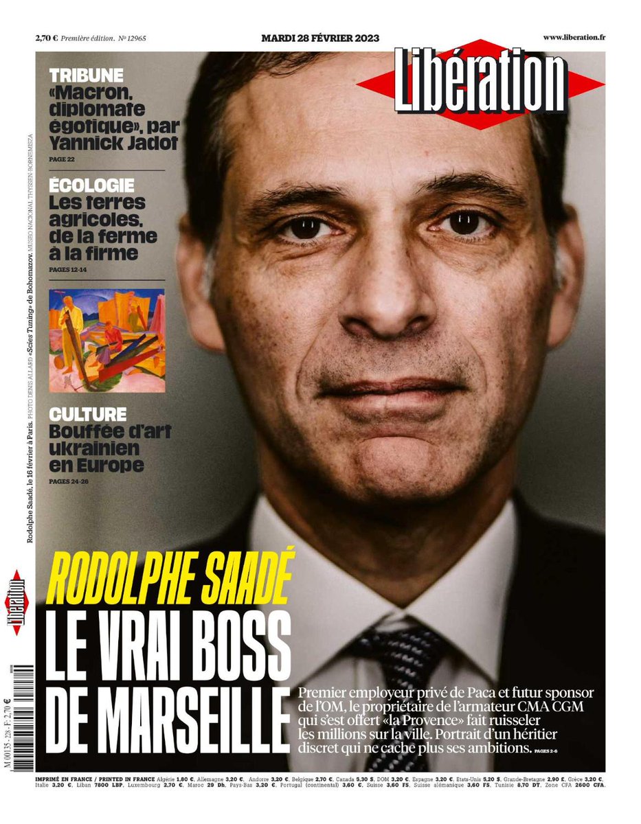 A la une de @Libe ce mardi : 

🔴 Rodolphe Saadé, le vrai boss de Marseille 

Lire : journal.liberation.fr