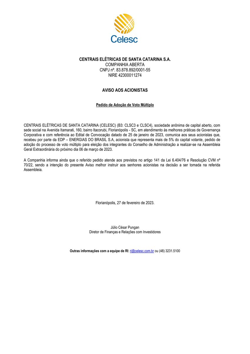 CalixtoCapital's tweet image. #CLSC | CELESC | Aviso aos Acionistas