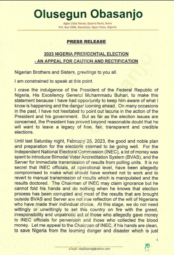 MRDOUBLEO_'s tweet photo. Obj don talk ooo
#obasanjo
#NigeriaElections2023
#electionresults2023
#CarabaoCupFinal
#ElectionResults #dino https://t.co/b9jol60kB7